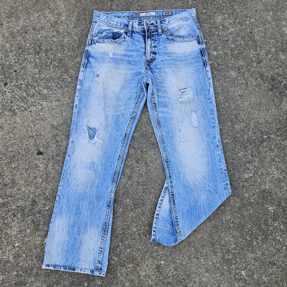 BKE JAKE Men's 32R Denim Blue Straight Leg Light Wash Jeans Faded Distressed